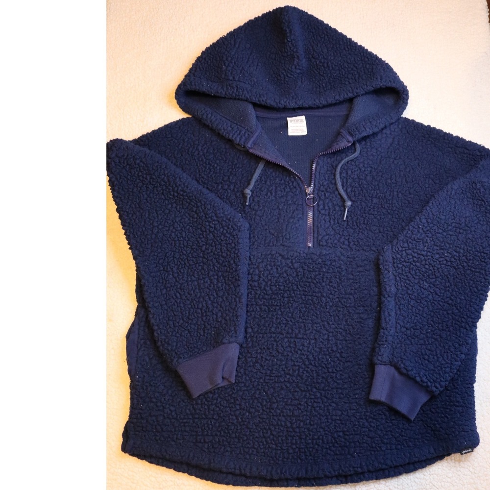Victoria's Secret PINK Navy Blue Sherpa Fleece Quarter Zip Hoodie XS